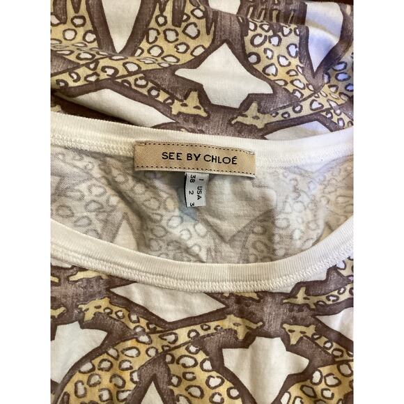 SEE by CHLOE Giraffe Print Y2K Cotton Mini Shift T Shirt Dress Pockets Rare S - Picture 2 of 6